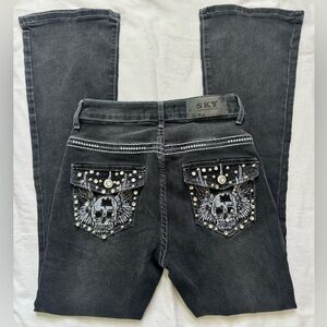Sky Premium Collection Jeans Distressed Black Embroidered Embellished Size 7